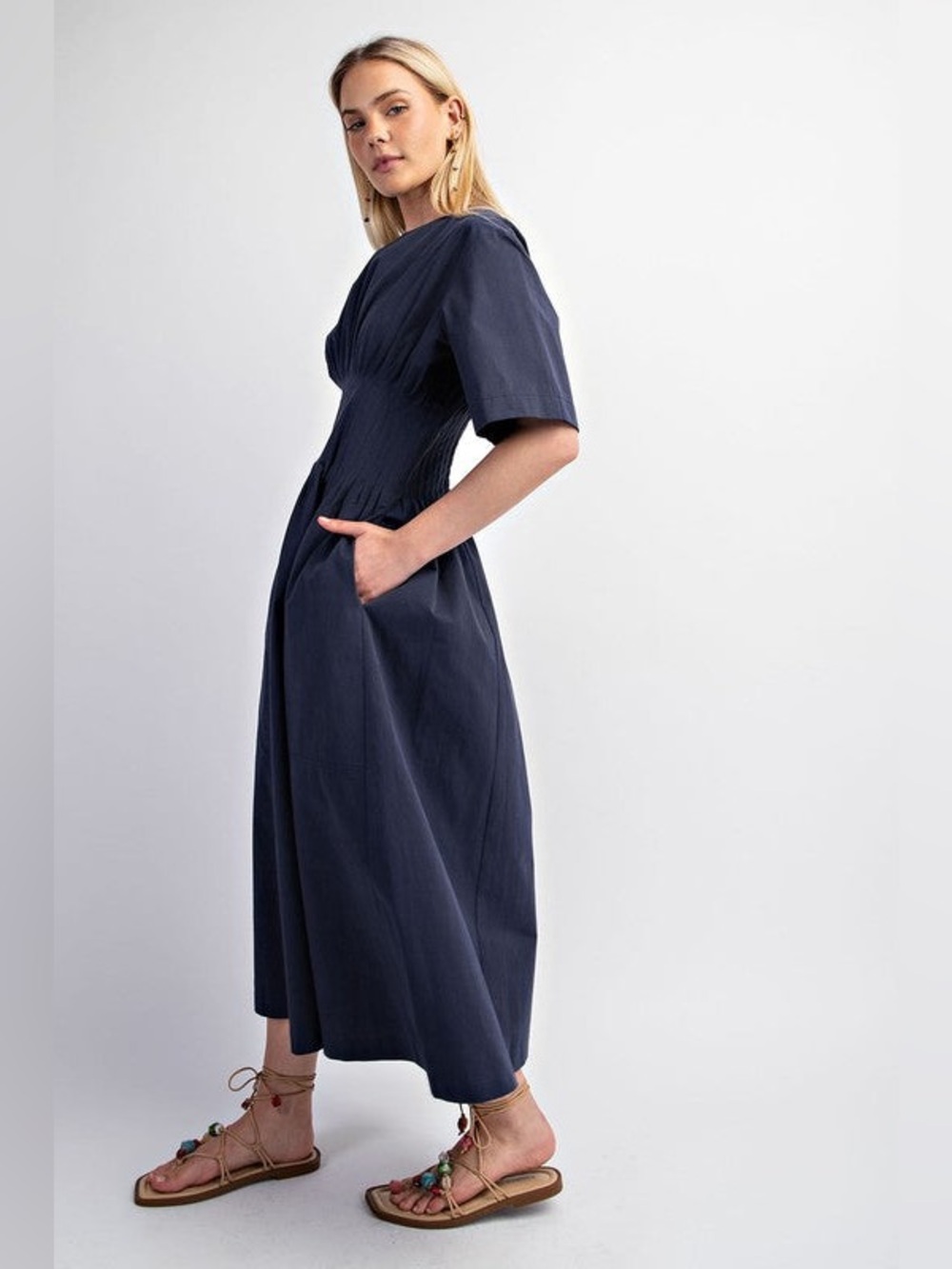 GigiO Navy Pintuck Waist Midi Dress Size Large - Picture 2 of 9